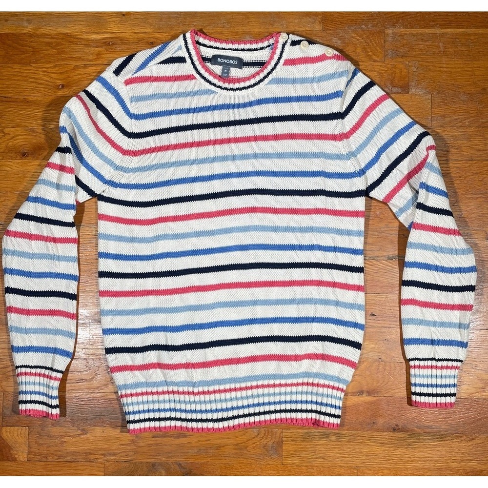 Bonobos Men's Linen‎ Sweater Medium Striped Blue Red Ivory Side Buttons